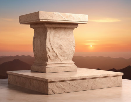 3d illustration of marble pedestal on top of mountain at sunsetの素材
