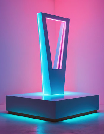 Neon sign on pedestal in neon light. 3d renderingの素材