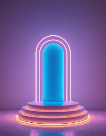 Neon blue round podium with arch. 3d render illustration.の素材