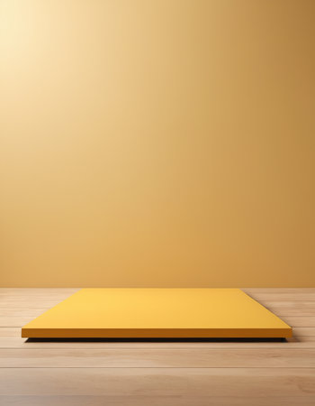 Empty yellow podium on wooden floor. 3d render. Mock upの素材