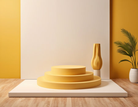 3d rendering minimal geometric forms, podium for product presentation in yellow roomの素材