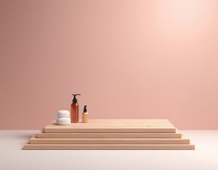 Cosmetics bottles on wooden podium, 3d rendering. Computer digital drawing.の素材