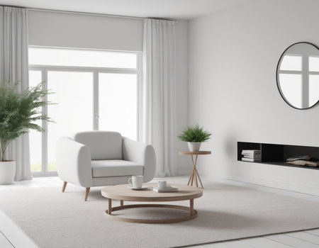 Interior of modern living room with white walls, tiled floor, white armchair and round coffee table. 3d renderingの素材