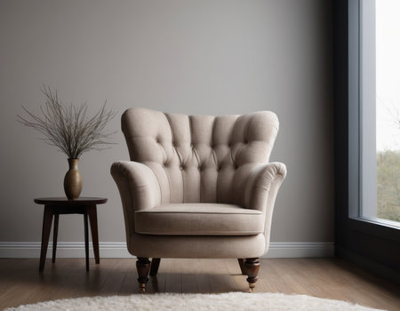 Luxury beige armchair in modern living room interior.の素材