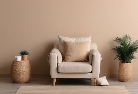 Comfortable armchair with pillows and plant near beige wallの素材