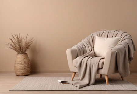 Comfortable armchair with pillows on carpet in room. Interior designの素材