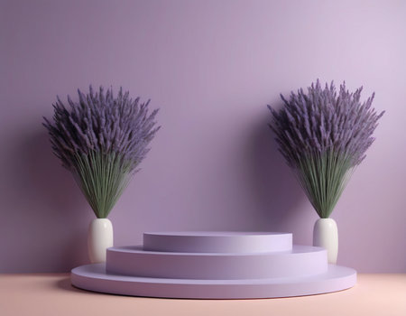 3d render of purple podium with lavender flowers in vasesの素材