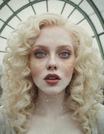 Portrait of a beautiful girl with blond curly hair and blue eyesの素材