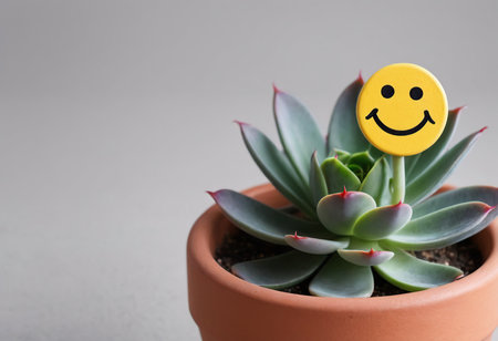 Succulent plant with smiley face on gray background, closeupの素材