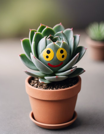 Succulent with smiley face in pot on table, closeupの素材