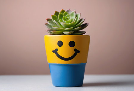 Succulent in a pot with a smiley face on itの素材