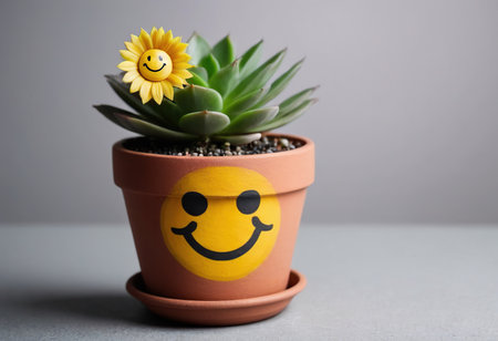 Smiling flower in pot with smiley face on gray background.の素材