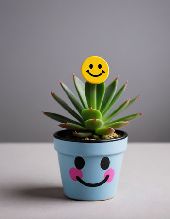 Succulent plant with smiley face in pot on gray backgroundの素材