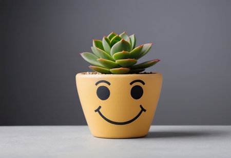 Smiling succulent in a pot on a gray background with copy spaceの素材