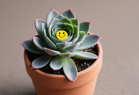 Smiling echeveria in a pot with a smiley faceの素材
