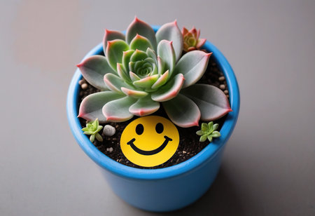 Succulent plant with smiley face in pot, closeupの素材