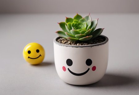 Succulent plant with smiley face and yellow smiley in potの素材