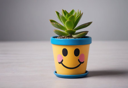 Succulent in a pot with smiley face on gray backgroundの素材