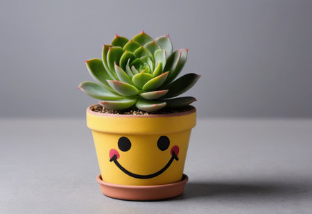 Succulent plant in pot with smiley face on gray backgroundの素材