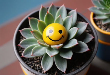 Smiling face on a succulent plant in a pot, closeupの素材