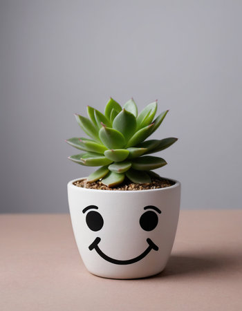 Succulent in a pot with smiley face on gray backgroundの素材