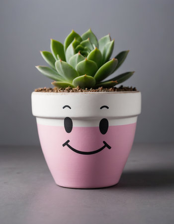 Succulent in a pot with smiley face on gray backgroundの素材