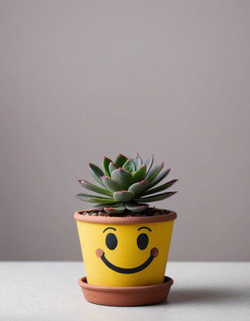 Succulent plant with smiley face in pot on gray backgroundの素材