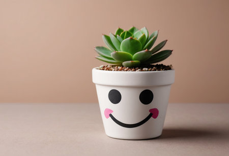 Cute succulent plant in pot with smiley face on color backgroundの素材