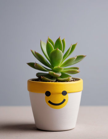 Cactus in a pot with a smiley face on a gray backgroundの素材