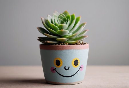 Succulent in pot with smiley face on gray background.の素材