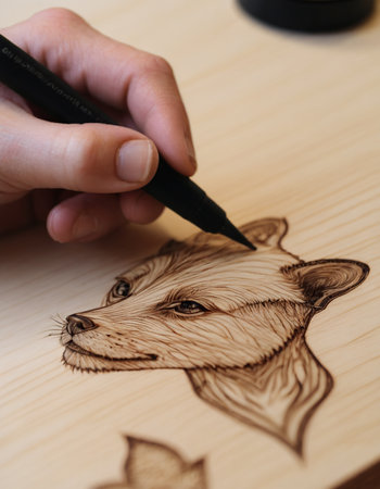 Hand drawing a fox on a wooden board with a black pen.の素材