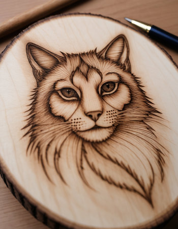 Drawing of a cat with a pencil on a wooden table.の素材