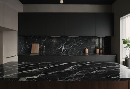 Luxury kitchen interior with black marble countertop. 3d renderの素材
