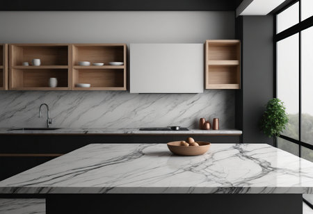 Interior of stylish kitchen with gray walls, concrete floor, white marble countertops and wooden cupboards. 3d renderingの素材