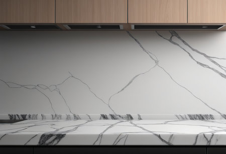 Close up of marble countertop in modern kitchen. Mock up, 3D Renderingの素材