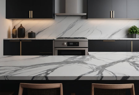 Luxury kitchen interior with black and white marble. 3d renderの素材