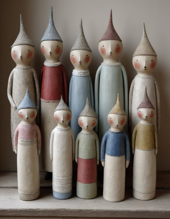 Vintage ceramic figurines of children on a shelf in a roomの素材