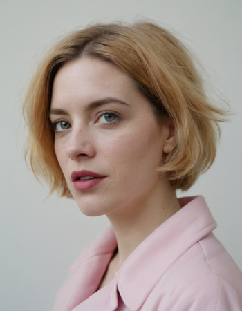 Portrait of a young woman with blond hair on a white backgroundの素材