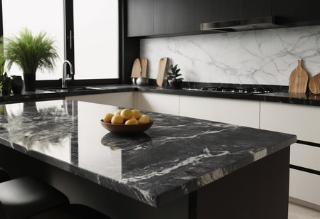 Modern kitchen interior with black marble countertop and sink. 3d renderの素材