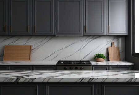 3d render of modern kitchen with black and white granite countertopsの素材