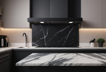 Black and white modern kitchen interior with a marble countertop and sink. 3d rendering mock upの素材