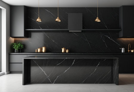 Interior of modern kitchen with gray and black marble walls, tiled floor, gray countertops with built in sink and cooker. 3d renderingの素材