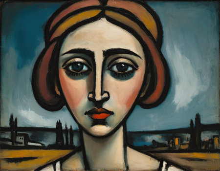 Original oil painting on canvas of a beautiful young woman in the city.の素材