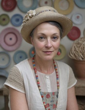Portrait of a beautiful middle-aged woman in a straw hatの素材
