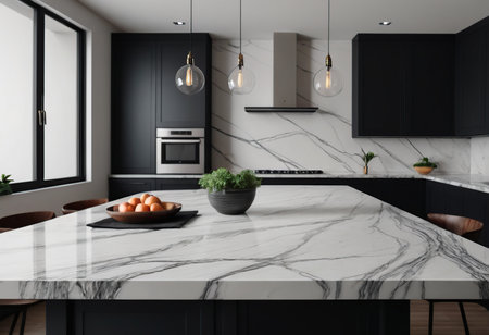 Luxury kitchen interior with white marble table and black and gray cabinets. 3d renderingの素材