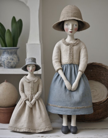 Two dolls in a rustic style on a white wooden shelf.の素材