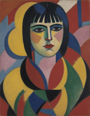 Hand drawn Oil painting of a woman in a colorful abstract background.の素材