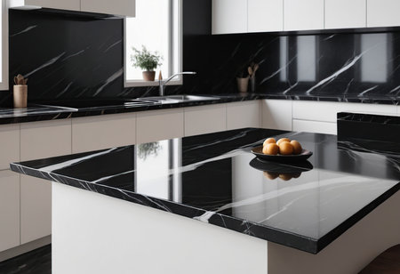 Modern black and white kitchen interior with marble countertop. 3d renderingの素材