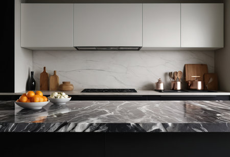 Kitchen interior with white and black marble countertop and kitchenwareの素材