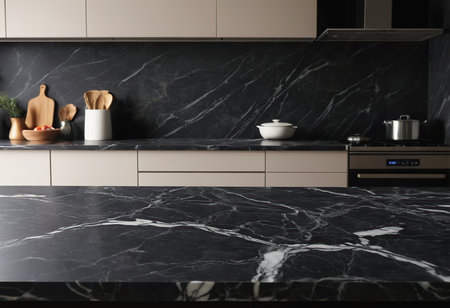 Luxury modern kitchen interior with black marble countertop and sinkの素材